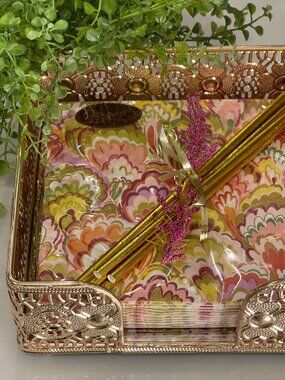 Caspari Abstract Marbled Napkins + Ornate Mirrored Napkin Holder Set